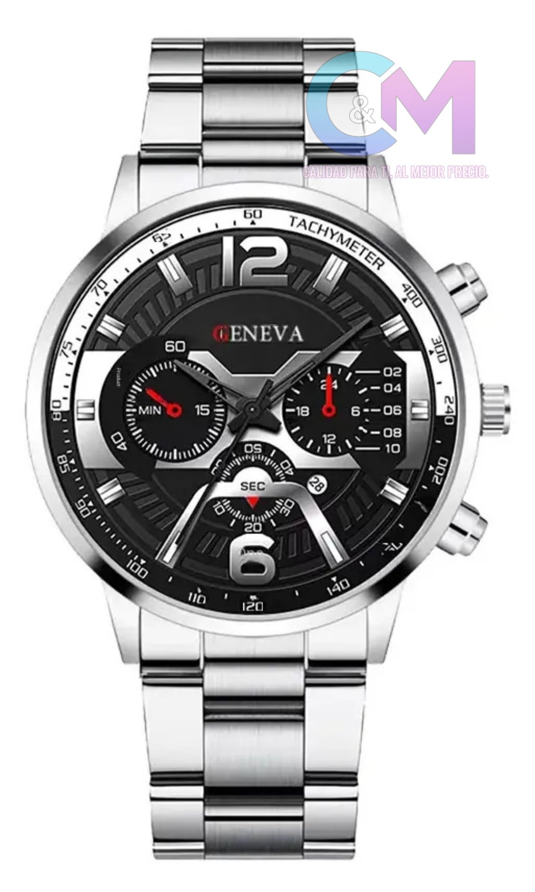 RELOJ DE CORREO DE METAL PLATEADA GENEVA CON MITAD DE CONTORNO BLANCO EN EL CENTRO  